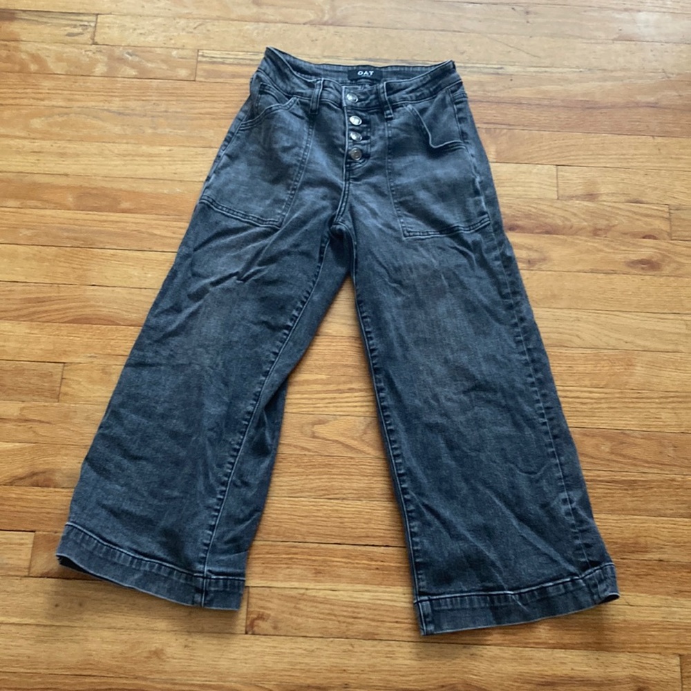 Oat Dark Grey Button Fly High Rise Wide Leg Crop Jeans
